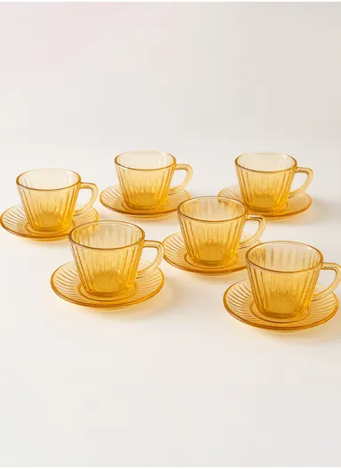 110ml 12-Pcs Glass Modern Coffee &amp; Tea Cups with 6 Saucers Set &amp; 6 Cups - Amber