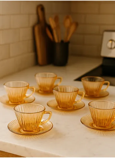 110ml 12-Pcs Glass Modern Coffee &amp; Tea Cups with 6 Saucers Set &amp; 6 Cups - Amber