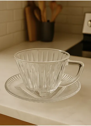 110ml 12-Pcs Glass Modern Coffee &amp; Tea Cups with 6 Saucers Set &amp; 6 Cups - Transparent