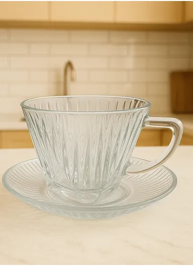 110ml 12-Pcs Glass Modern Coffee &amp; Tea Cups with 6 Saucers Set &amp; 6 Cups - Transparent