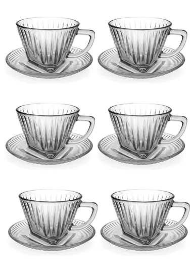 110ml 12-Pcs Glass Modern Coffee &amp; Tea Cups with 6 Saucers Set &amp; 6 Cups - Smoke Grey
