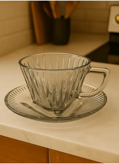 110ml 12-Pcs Glass Modern Coffee &amp; Tea Cups with 6 Saucers Set &amp; 6 Cups - Smoke Grey