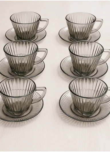 110ml 12-Pcs Glass Modern Coffee &amp; Tea Cups with 6 Saucers Set &amp; 6 Cups - Smoke Grey