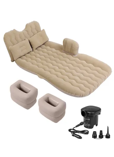 Universal Inflatable Bed Car Air Mattress with 2 Air Pillows and Pump Car Accessories, Multifunctional Back Seat Extended Air Couch Car Accessories FX-4051 (L135+50 x W80)cm - Beige