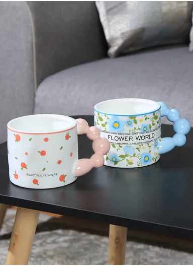 350ml Ceramic Flowers Mug Perfect For Coffee, Milk, Tea (D9 x H8)cm - Blue