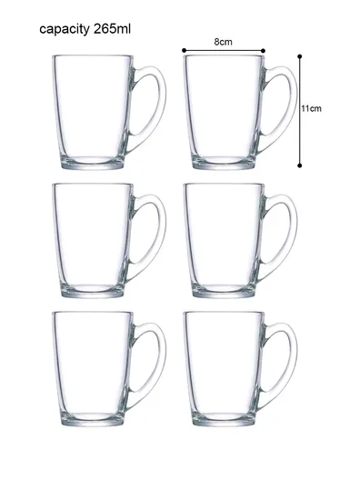 265ml 6Pcs Transparent Round Glass Cups For Hot &amp; Cold Drinks (D8 x H11)cm
