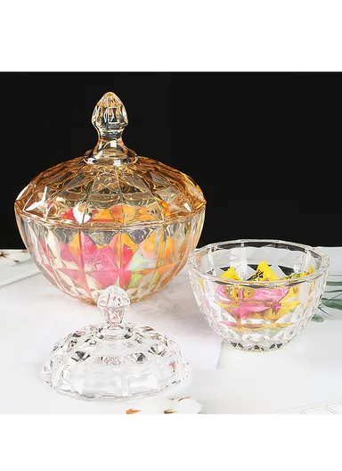 Modern Large Glass Candy Dish with Lid, Wide Mouth Clear &amp; Decorative Crystal Candy Jar (D17 x H20)cm - Transparent Orange