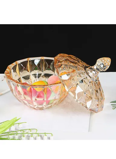 Modern Large Glass Candy Dish with Lid, Wide Mouth Clear &amp; Decorative Crystal Candy Jar (D17 x H20)cm - Transparent Orange