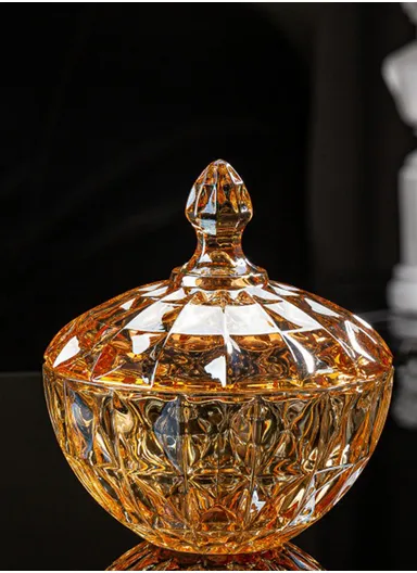 Modern Large Glass Candy Dish with Lid, Wide Mouth Clear &amp; Decorative Crystal Candy Jar (D17 x H20)cm - Transparent Orange