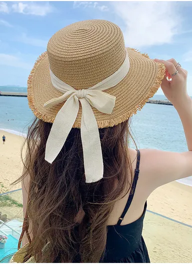 32cm Comfortable Breathable Casual Sun Straw Hat, Beach Hat For Women - Dark Beige / White