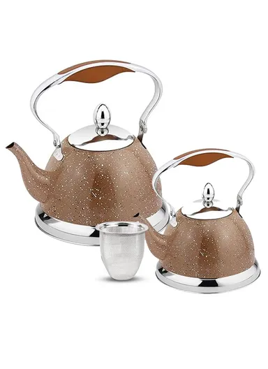 2Pcs 1L/3L Granite &amp; Stainless Steel Whistling Kettles With Filter SF-2502 - Brown