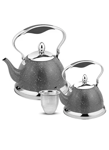 2Pcs 1L/3L Granite &amp; Stainless Steel Whistling Kettles With Filter SF-2502 - Gray