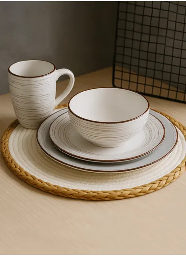 16 pieces Stoneware Dinnerware Sets for 4, Reactive Ceramic Plates and Bowls Set, Highly Chip, Dishwasher &amp; Microwave Safe Durable Everyday Dining Set - Off-White / Brown