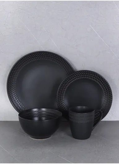16 pieces Stoneware Dinnerware Set, Dishwasher &amp; Microwave Safe Durable Everyday Dining Set WXY16-19 - Black