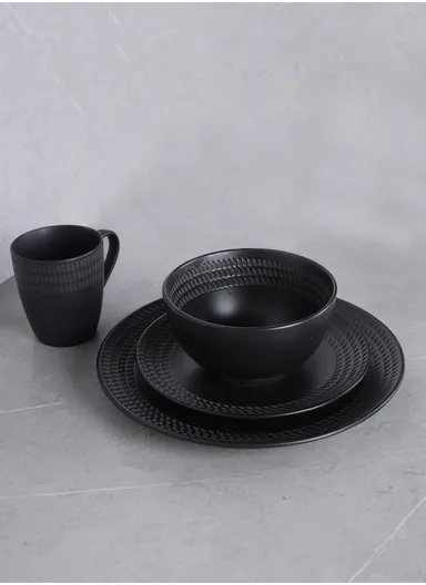 16 pieces Stoneware Dinnerware Set, Dishwasher &amp; Microwave Safe Durable Everyday Dining Set WXY16-19 - Black