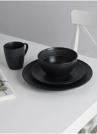 16 pieces Stoneware Dinnerware Set, Dishwasher &amp; Microwave Safe Durable Everyday Dining Set WXY16-19 - Black