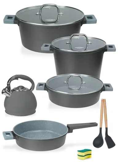 12-Pcs/Set 24/28/30 Non-Stick Granite Coating Casserole, 28cm FryPan, 3.4L Kettle, Spatula, Spoon &amp; 2-Sponges Cookware Set VK-7- Dark Gray