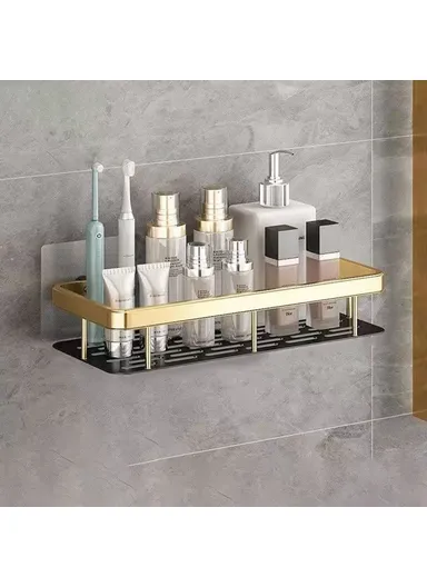 Bathroom Aluminum Shelf Shower No Drill Wall Mounted Organizer Rectangular Storage Rack (L30.5xW13xh5.5)cm - Black &amp; Gold