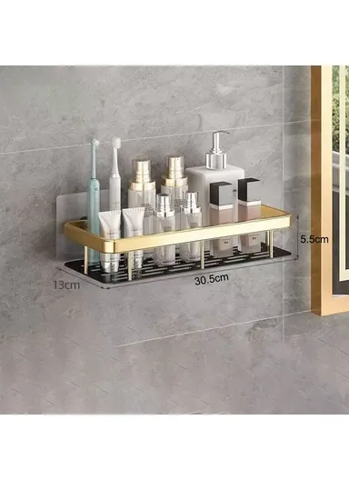 Bathroom Aluminum Shelf Shower No Drill Wall Mounted Organizer Rectangular Storage Rack (L30.5xW13xh5.5)cm - Black &amp; Gold