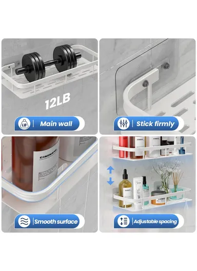 Bathroom Aluminum Shelf Shower No Drill Wall Mounted Organizer Rectangular Storage Rack (L30.5xW13xH5.5) - White