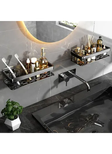 Bathroom Aluminum Shelf Shower No Drill Wall Mounted Organizer Rectangular Storage Rack (L30.5xW13xh5.5) - Grey