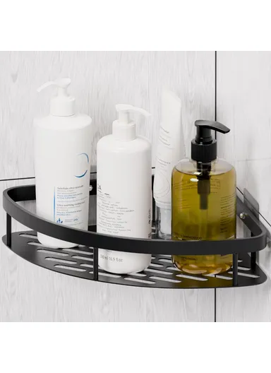 Space Aluminum Bathroom Corner Shelf Adhesive Wall Mount Shower Shampoo Triangular Storage Rack - Black