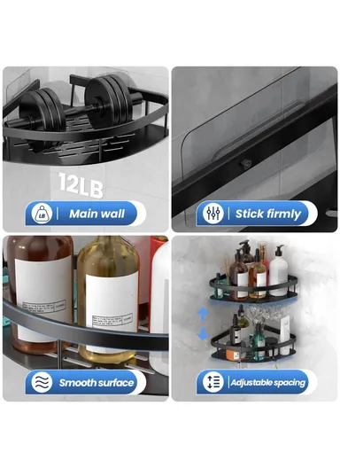 Space Aluminum Bathroom Corner Shelf Adhesive Wall Mount Shower Shampoo Triangular Storage Rack - Black