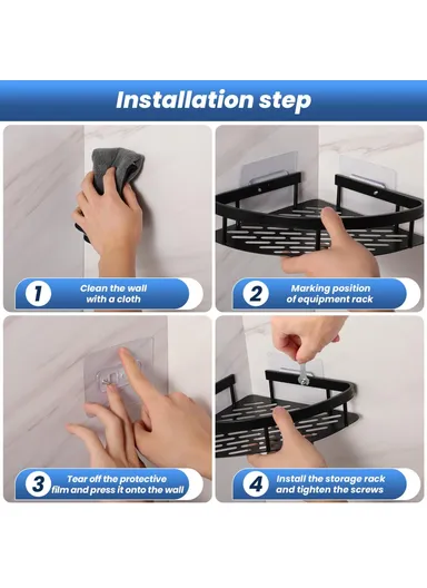 Space Aluminum Bathroom Corner Shelf Adhesive Wall Mount Shower Shampoo Triangular Storage Rack - Black