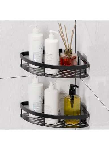 Space Aluminum Bathroom Corner Shelf Adhesive Wall Mount Shower Shampoo Triangular Storage Rack - Black