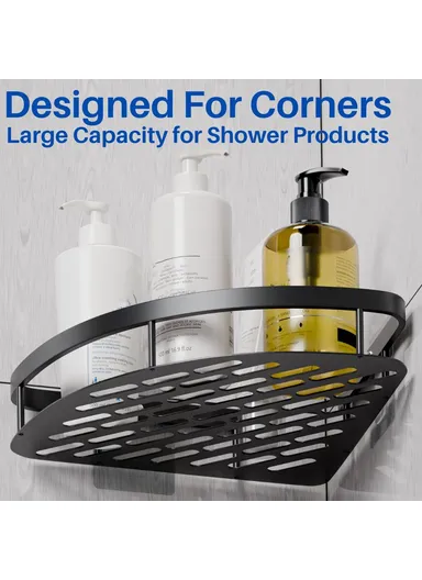 Space Aluminum Bathroom Corner Shelf Adhesive Wall Mount Shower Shampoo Triangular Storage Rack - Black