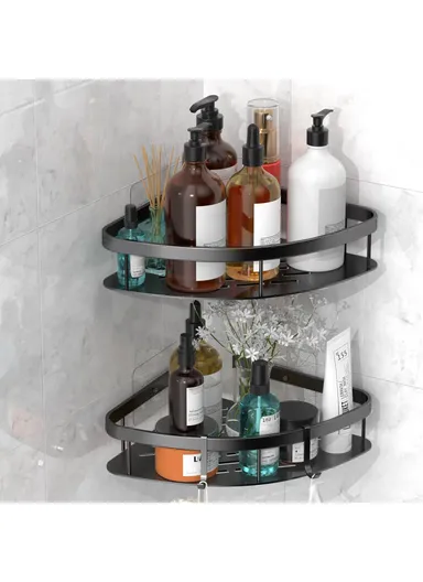 Space Aluminum Bathroom Corner Shelf Adhesive Wall Mount Shower Shampoo Triangular Storage Rack - Black