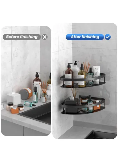 Space Aluminum Bathroom Corner Shelf Adhesive Wall Mount Shower Shampoo Triangular Storage Rack - Black