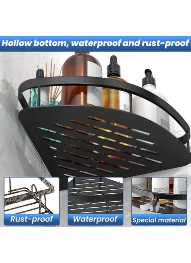 Space Aluminum Bathroom Corner Shelf Adhesive Wall Mount Shower Shampoo Triangular Storage Rack - Black