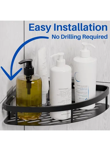 Space Aluminum Bathroom Corner Shelf Adhesive Wall Mount Shower Shampoo Triangular Storage Rack - Black