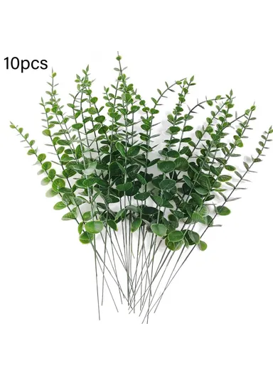 10-Pcs Artificial Eucalyptus Stems Plastic Faux Plant Home Office Wedding Party Decor - Light Green