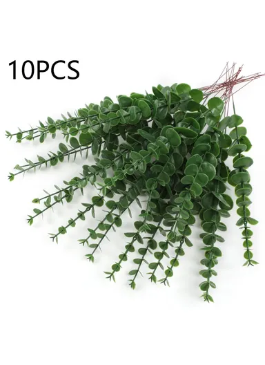 10-Pcs Artificial Eucalyptus Stems Plastic Faux Plant Home Office Wedding Party Decor - Blackish Green