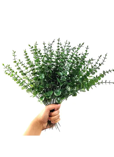 10-Pcs Artificial Eucalyptus Stems Plastic Faux Plant Home Office Wedding Party Decor - Blackish Green