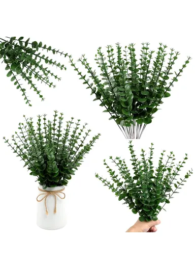 10-Pcs Artificial Eucalyptus Stems Plastic Faux Plant Home Office Wedding Party Decor - Blackish Green