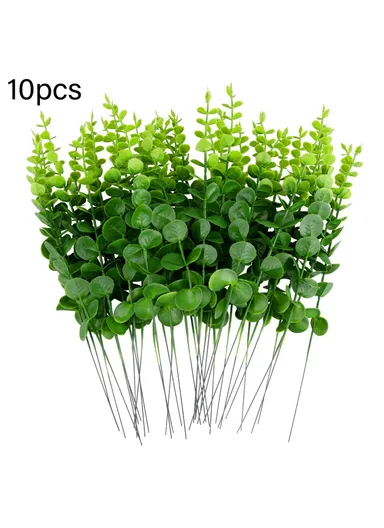 10-Pcs Artificial Eucalyptus Stems Plastic Faux Plant Home Office Wedding Party Decor - Green
