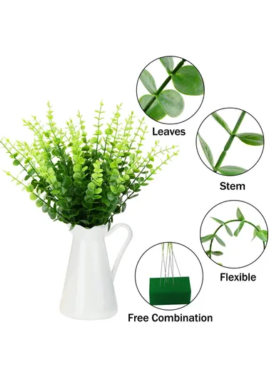 10-Pcs Artificial Eucalyptus Stems Plastic Faux Plant Home Office Wedding Party Decor - Green