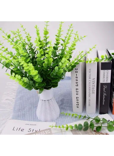 10-Pcs Artificial Eucalyptus Stems Plastic Faux Plant Home Office Wedding Party Decor - Green