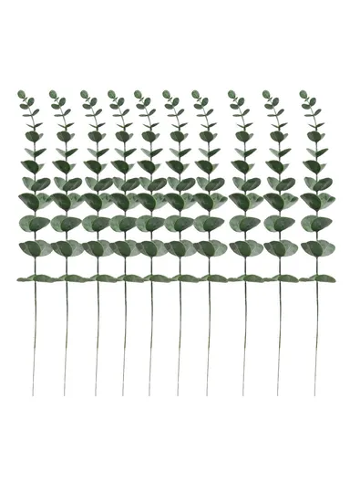 10-Pcs Artificial Eucalyptus Stems Plastic Faux Plant Home Office Wedding Party Decor - Blackish Green &amp; White Powder