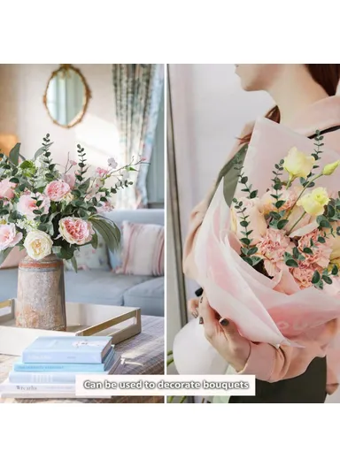 10-Pcs Artificial Eucalyptus Stems Plastic Faux Plant Home Office Wedding Party Decor - Blackish Green &amp; White Powder