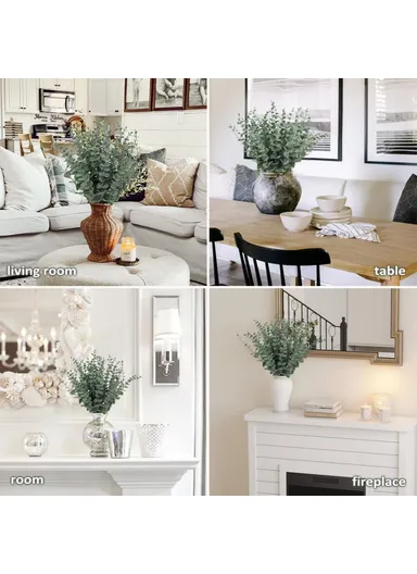 10-Pcs Artificial Eucalyptus Stems Plastic Faux Plant Home Office Wedding Party Decor - Blackish Green &amp; White Powder