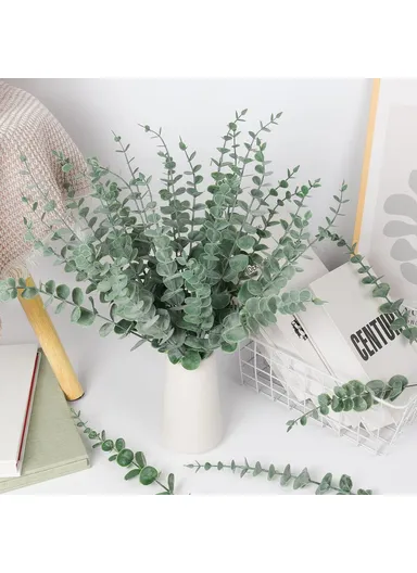 10-Pcs Artificial Eucalyptus Stems Plastic Faux Plant Home Office Wedding Party Decor - Blackish Green &amp; White Powder