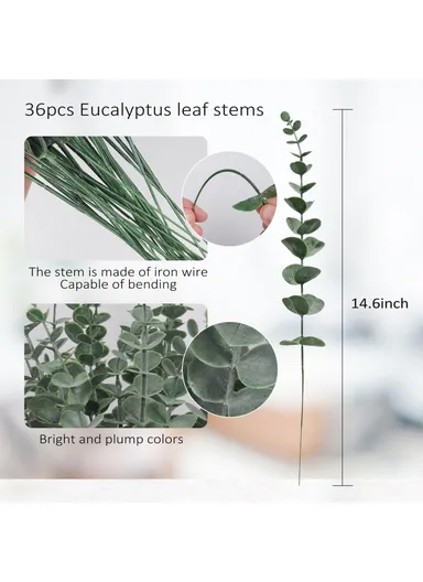 10-Pcs Artificial Eucalyptus Stems Plastic Faux Plant Home Office Wedding Party Decor - Blackish Green &amp; White Powder