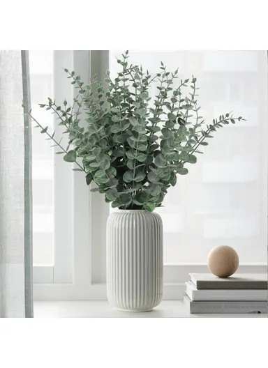 10-Pcs Artificial Eucalyptus Stems Plastic Faux Plant Home Office Wedding Party Decor - Blackish Green &amp; White Powder