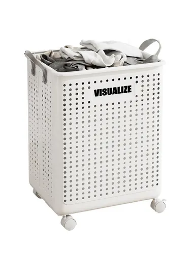 Foldable Hollow Design Laundry Basket, Dirty Clothes Storage Cart with Handles &amp; Wheels - Ivory White