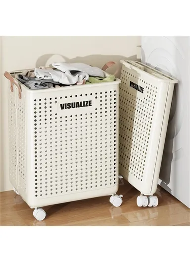 Foldable Hollow Design Laundry Basket, Dirty Clothes Storage Cart with Handles &amp; Wheels - Ivory White