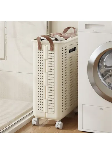Foldable Hollow Design Laundry Basket, Dirty Clothes Storage Cart with Handles &amp; Wheels - Ivory White